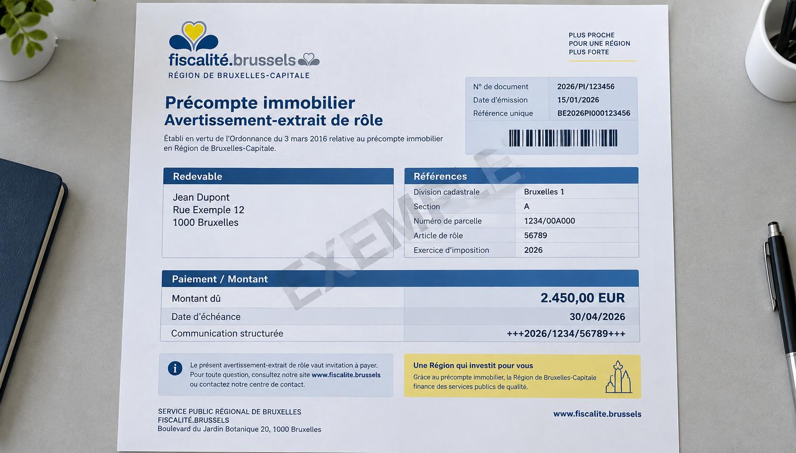 Exemple fictif d'avertissement-extrait de rôle du précompte immobilier bruxellois posé sur un bureau