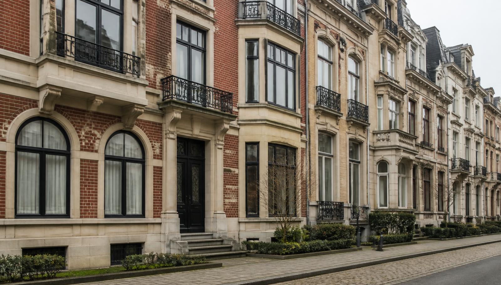Façades résidentielles du centre de Bruxelles par temps couvert