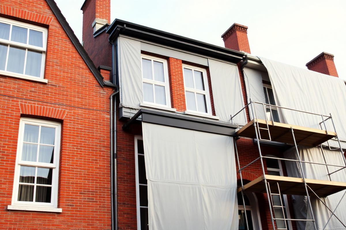 Rénovation énergétique d'une façade de maison bruxelloise avec échafaudage