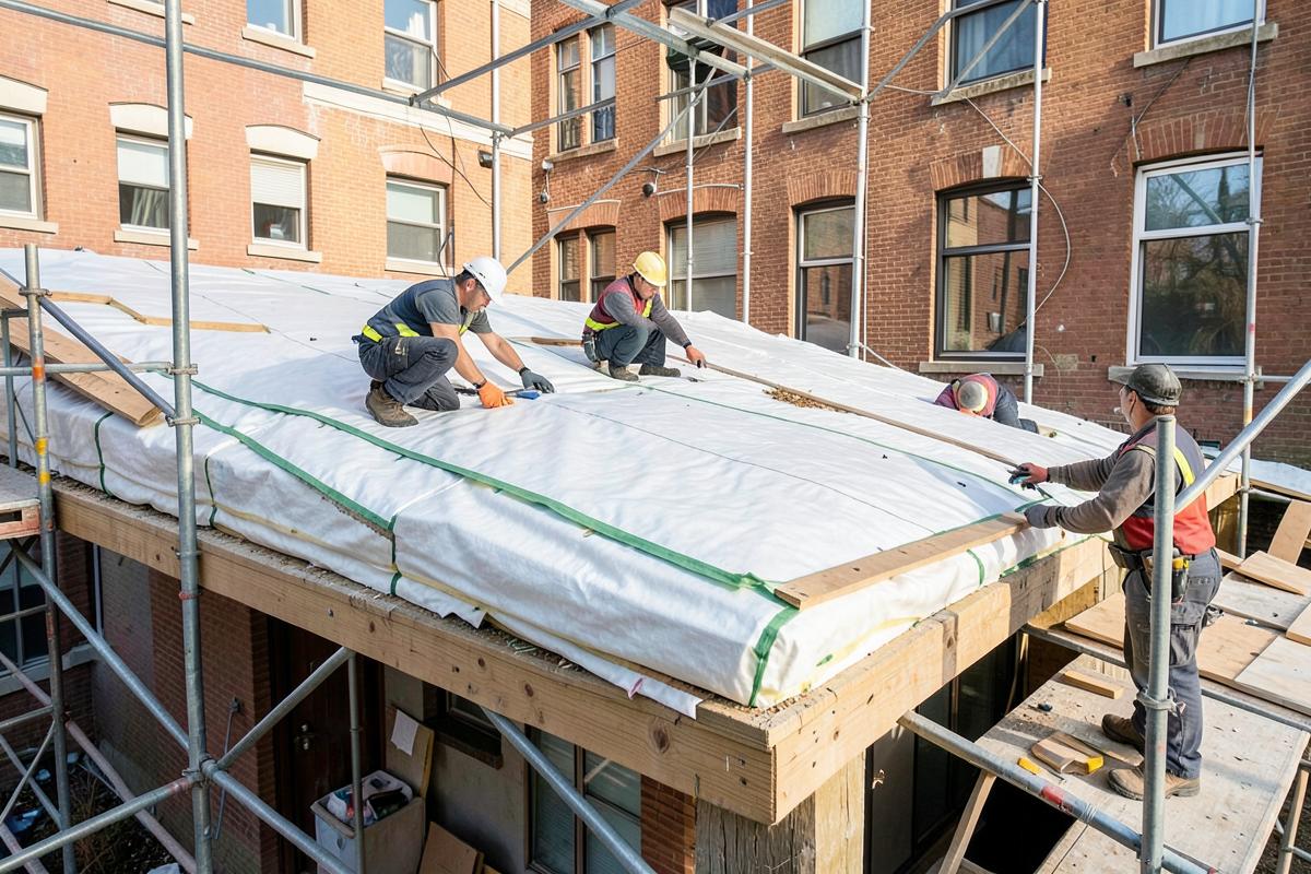 Ouvriers posant une isolation de toiture sur un immeuble en copropriété