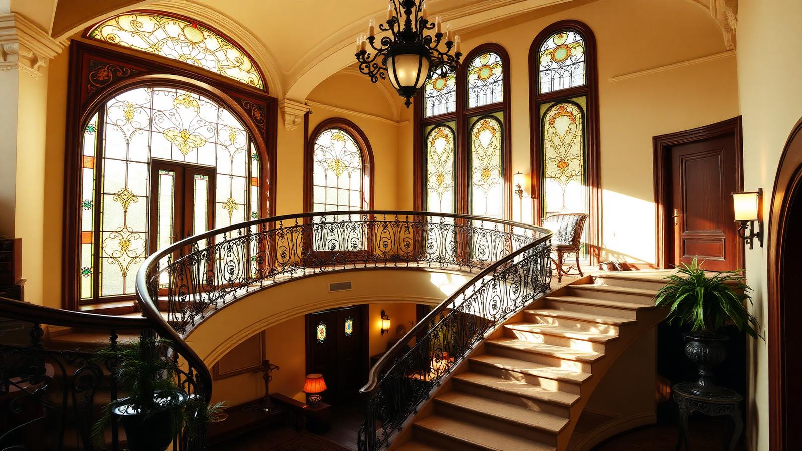 Intérieur Art nouveau lumineux, escalier travaillé, vitraux, élégance bruxelloise