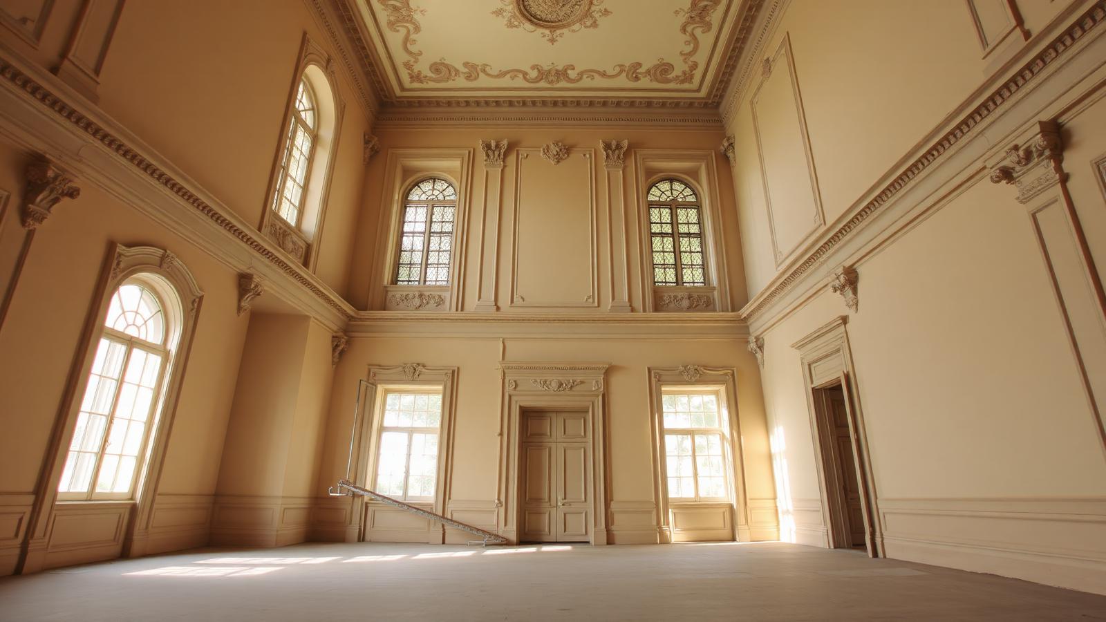 Intérieur d'appartement ancien rénové avec moulures et hauts plafonds, lumineux