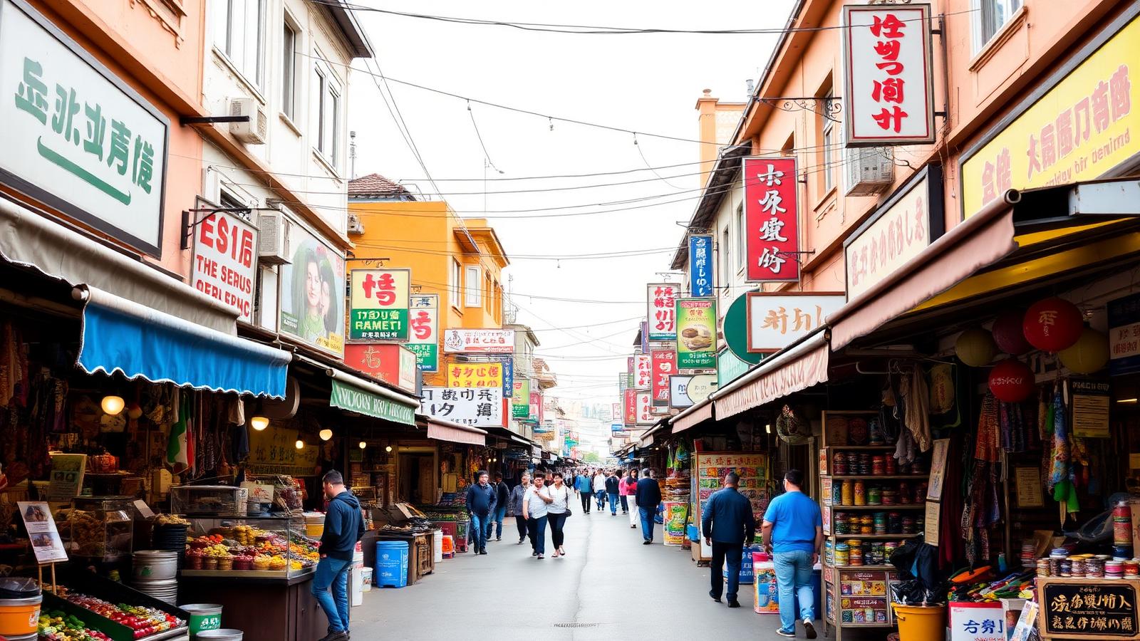 Rue commerçante multiculturelle avec étals et enseignes variées, ambiance conviviale et animée