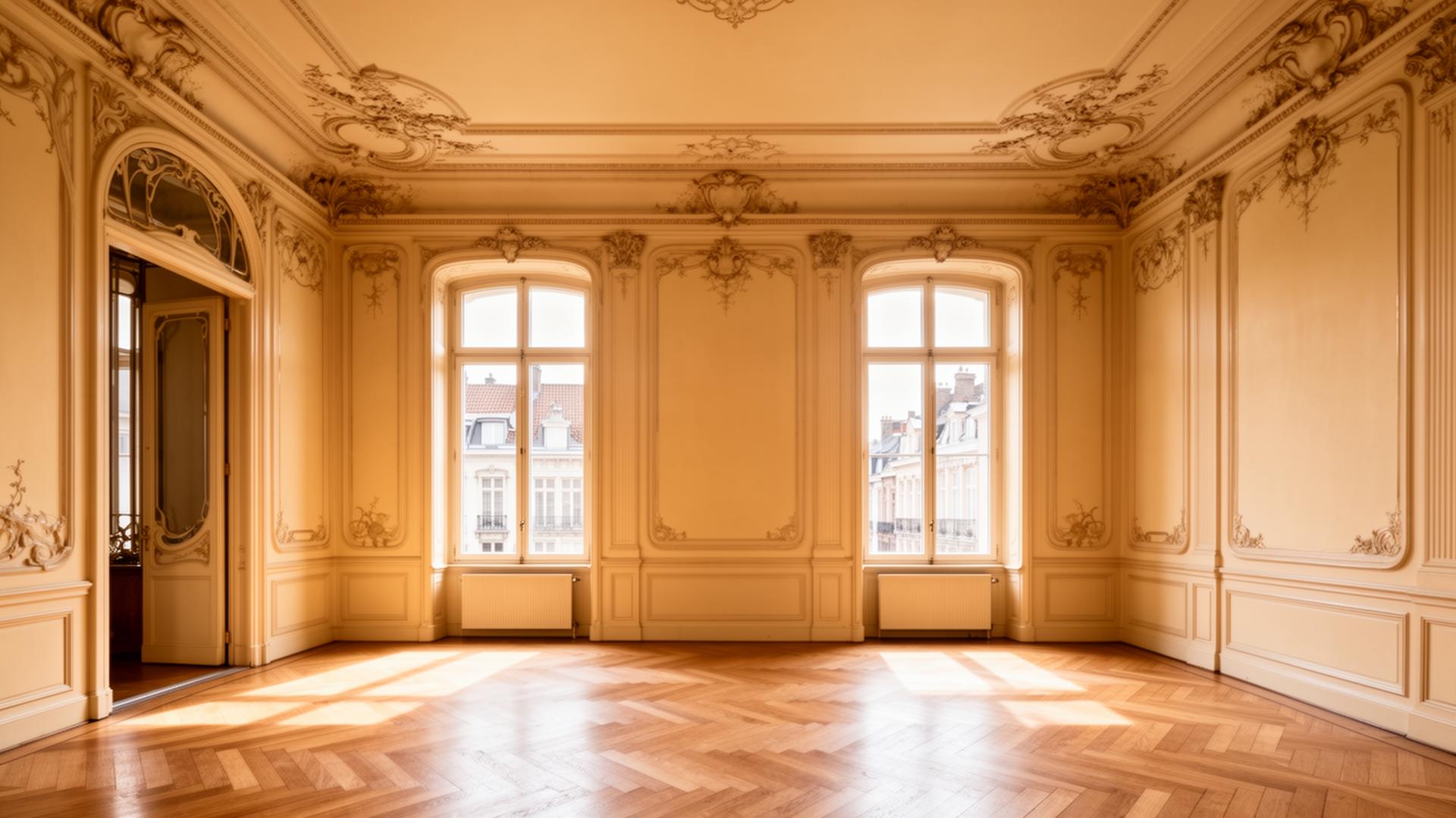 Intérieur bruxellois lumineux avec moulures et hauts plafonds, esprit Art nouveau