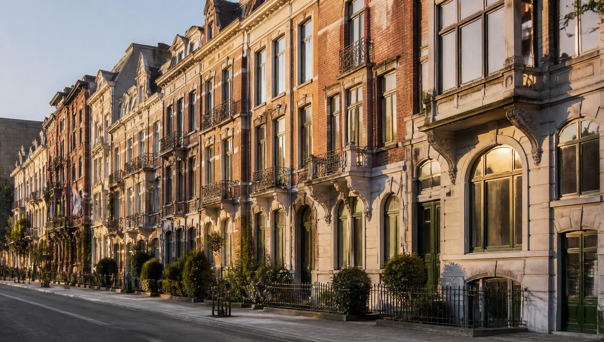 Façades de maisons de maître bruxelloises en briques, éclairées par la lumière dorée de fin de journée