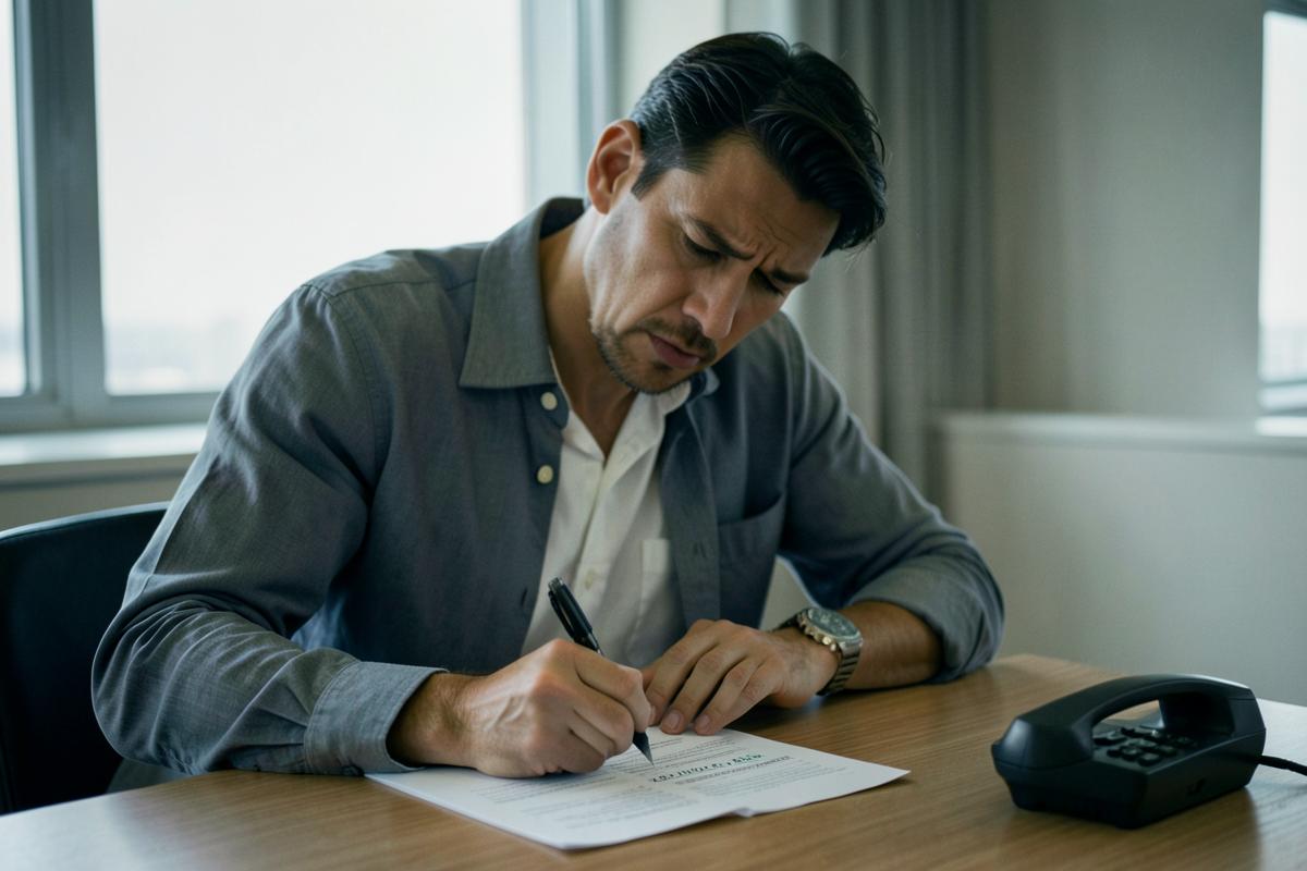 Copropriétaire inquiet examinant des décomptes de charges peu clairs