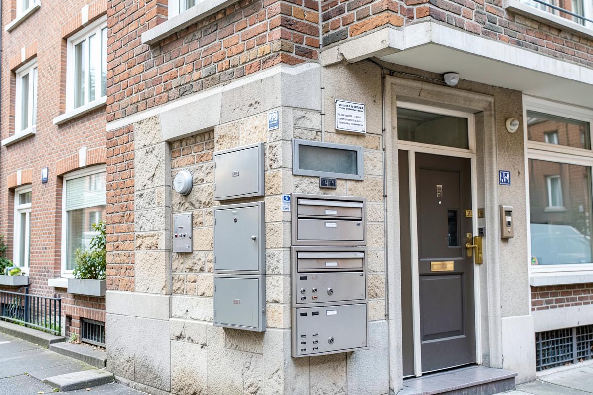 Entrée d'un immeuble bruxellois avec boîtes aux lettres et parlophone