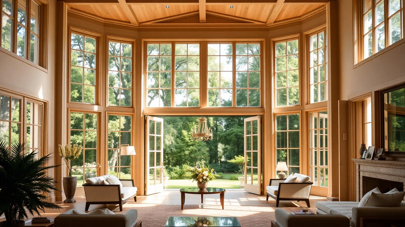 Intérieur de villa élégant et lumineux ouvrant sur un grand jardin arboré, raffiné et chaleureux