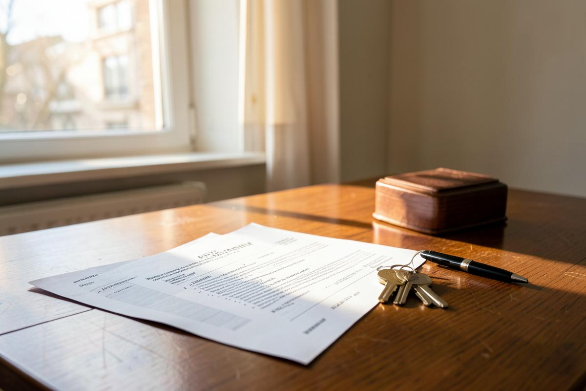 Documents de vente d'un appartement posés sur une table avec des clés