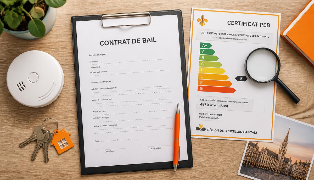 Contrat de bail, certificat PEB, détecteur de fumée et loupe sur un bureau en bois