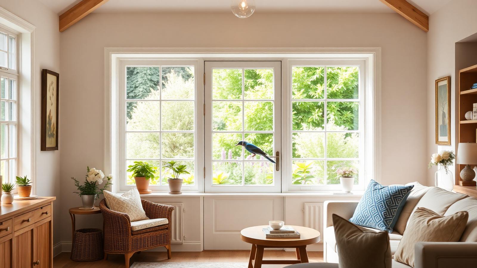 Intérieur de maison lumineux ouvrant sur un jardin verdoyant et fleuri, tons clairs et naturels