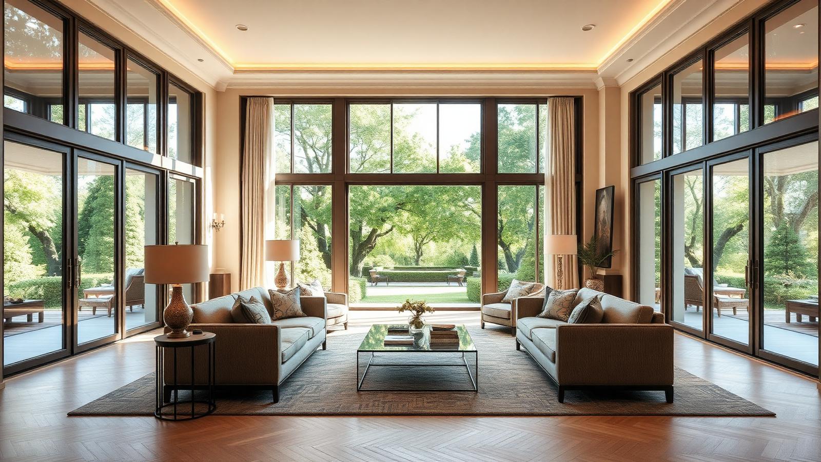 Intérieur de villa élégant et lumineux ouvrant sur un grand jardin arboré, raffiné et chaleureux